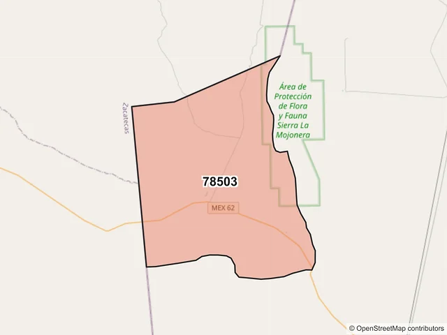 Mapa del código postal 78503, Vanegas, San Luis Potosí