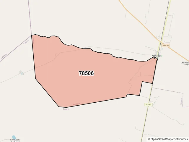 Mapa del código postal 78506, Vanegas, San Luis Potosí