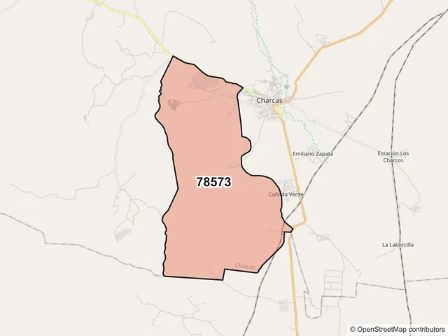 Mapa del código postal 78573, Charcas, San Luis Potosí