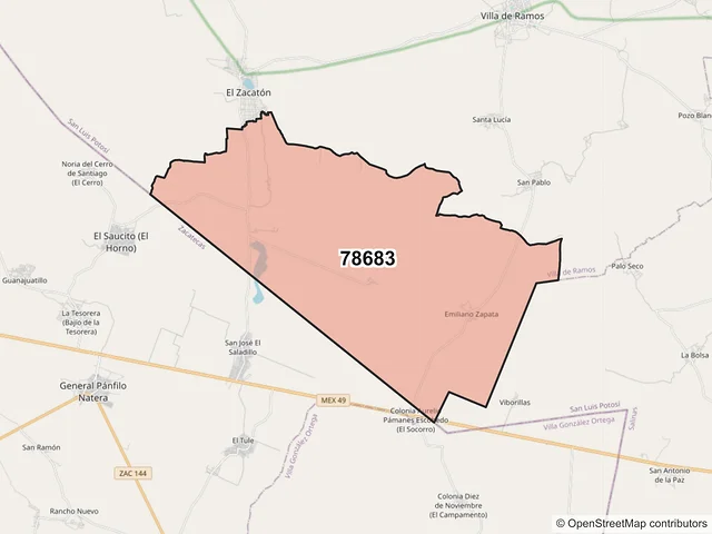Mapa del código postal 78683, Villa de Ramos, San Luis Potosí