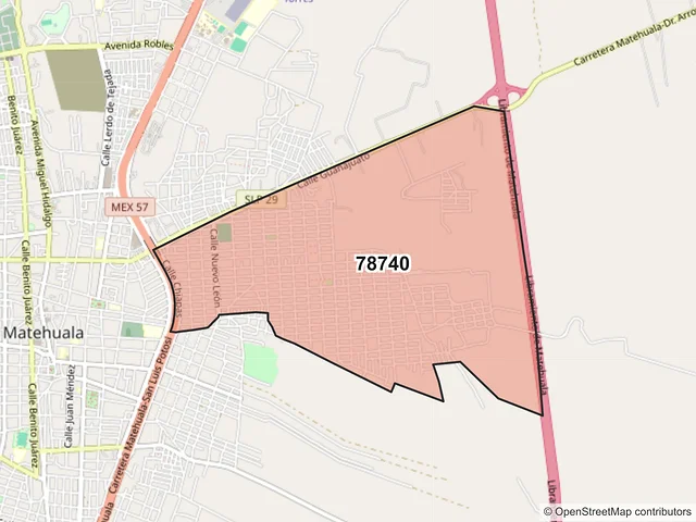 Mapa del código postal 78740, Matehuala, San Luis Potosí