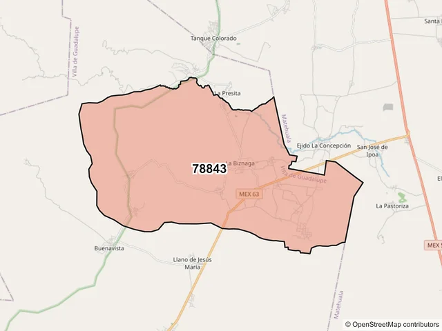 Mapa del código postal 78843, Villa de Guadalupe, San Luis Potosí