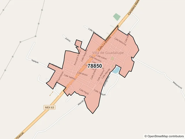 Mapa del código postal 78850, Villa de Guadalupe, San Luis Potosí