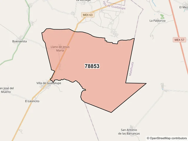 Mapa del código postal 78853, Villa de Guadalupe, San Luis Potosí