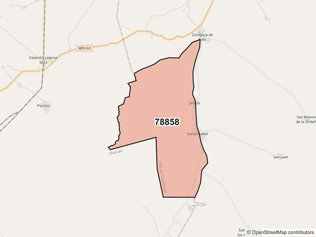 Mapa del código postal 78858, Villa de Guadalupe, San Luis Potosí