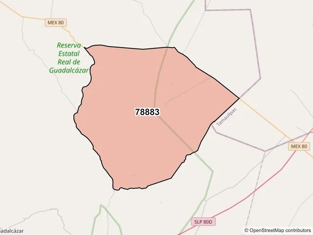 Mapa del código postal 78883, Guadalcázar, San Luis Potosí