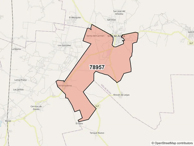 Mapa del código postal 78957, Villa de Arista, San Luis Potosí