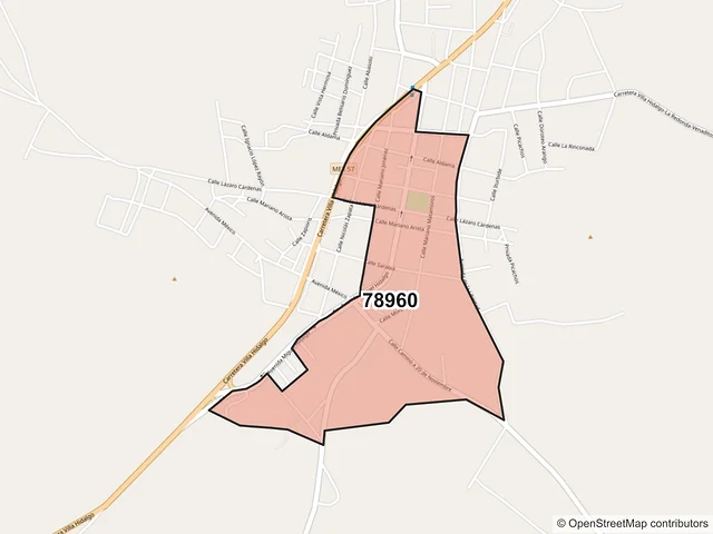 Mapa del código postal 78960, Villa Hidalgo, San Luis Potosí