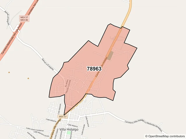 Mapa del código postal 78963, Villa Hidalgo, San Luis Potosí