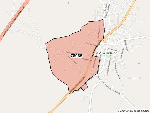 Mapa del código postal 78965, Villa Hidalgo, San Luis Potosí