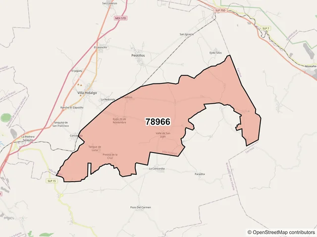 Mapa del código postal 78966, Villa Hidalgo, San Luis Potosí