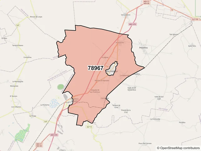Mapa del código postal 78967, Villa Hidalgo, San Luis Potosí