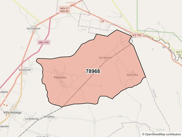 Mapa del código postal 78968, Villa Hidalgo, San Luis Potosí