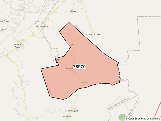 Mapa del código postal 78970, Villa Hidalgo, San Luis Potosí
