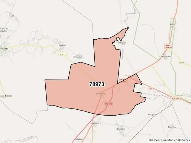 Mapa del código postal 78973, Villa Hidalgo, San Luis Potosí