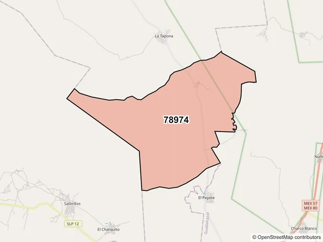 Mapa del código postal 78974, Villa Hidalgo, San Luis Potosí