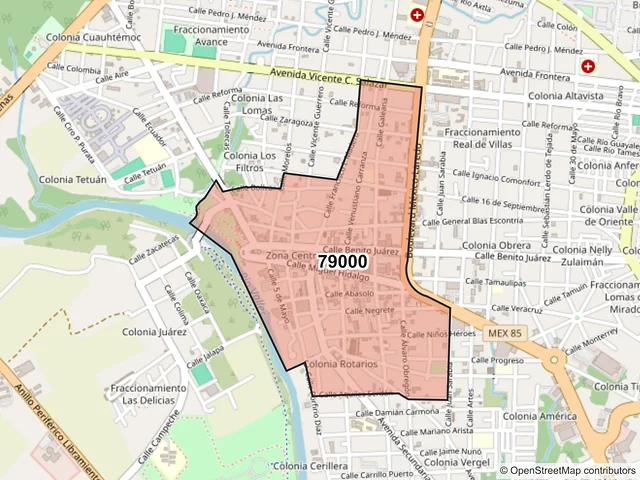 Mapa del código postal 79000, Ciudad Valles, San Luis Potosí