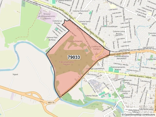 Mapa del código postal 79033, Ciudad Valles, San Luis Potosí