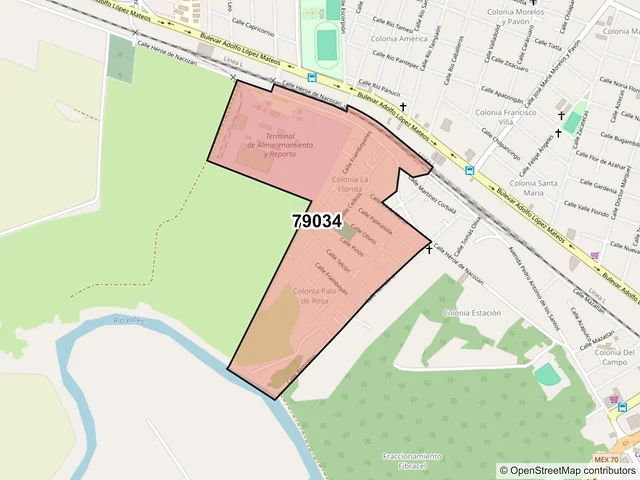 Mapa del código postal 79034, Ciudad Valles, San Luis Potosí