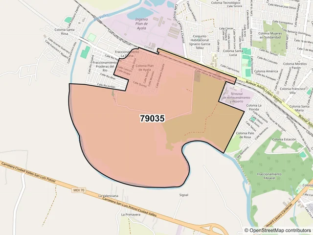 Mapa del código postal 79035, Ciudad Valles, San Luis Potosí