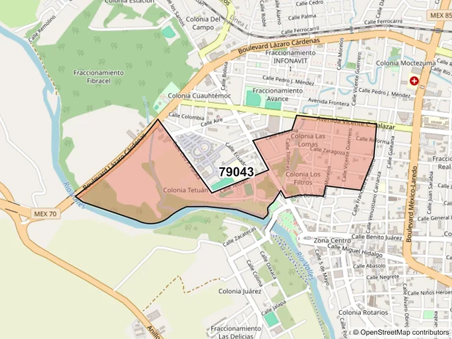 Mapa del código postal 79043, Ciudad Valles, San Luis Potosí