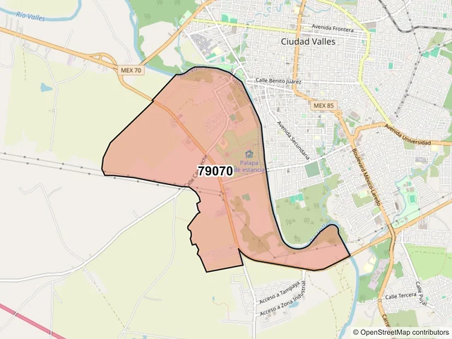 Mapa del código postal 79070, Ciudad Valles, San Luis Potosí