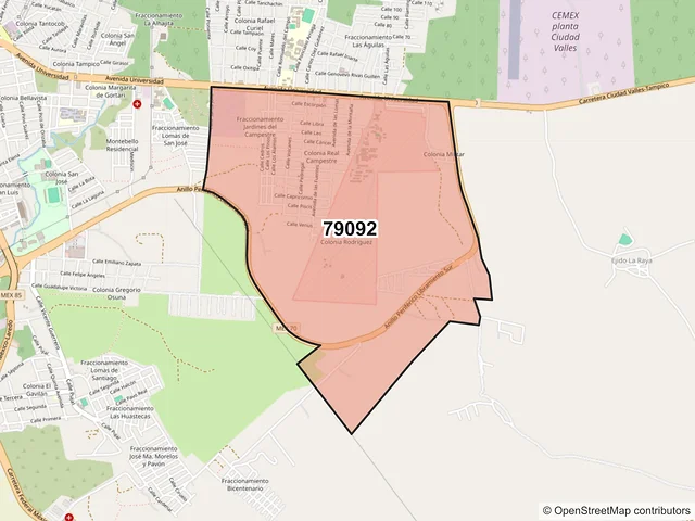 Mapa del código postal 79092, Ciudad Valles, San Luis Potosí