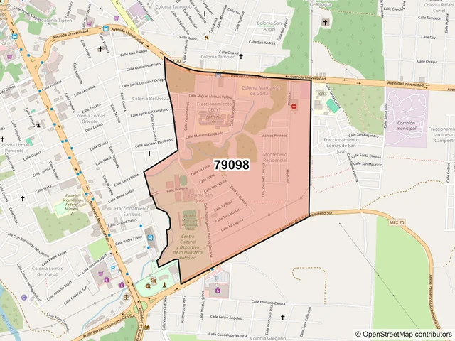 Mapa del código postal 79098, Ciudad Valles, San Luis Potosí