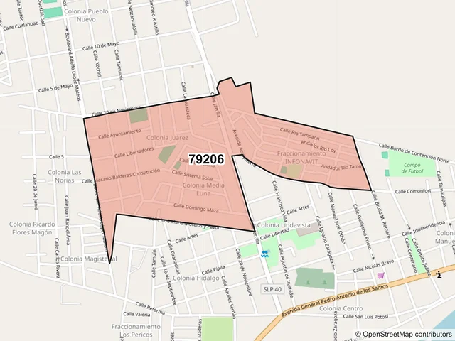 Mapa del código postal 79206, Tamuín, San Luis Potosí