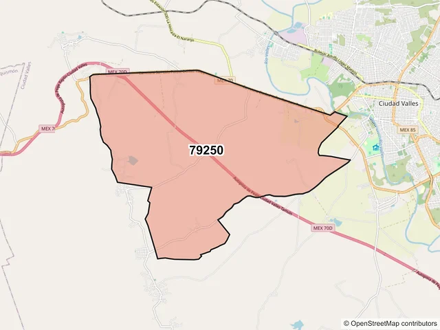 Mapa del código postal 79250, Ciudad Valles, San Luis Potosí