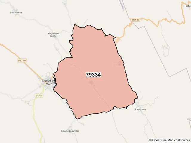Mapa del código postal 79334, Ciudad del Maíz, San Luis Potosí