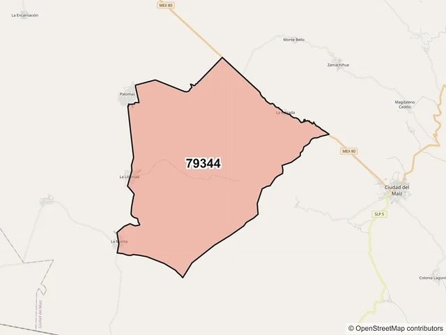 Mapa del código postal 79344, Ciudad del Maíz, San Luis Potosí
