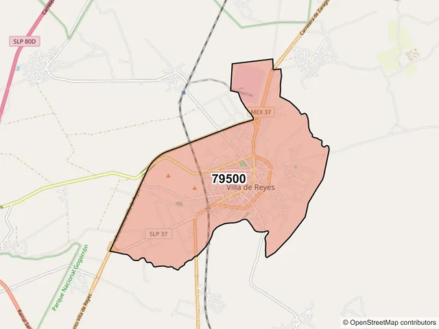 Mapa del código postal 79500, Villa de Reyes, San Luis Potosí