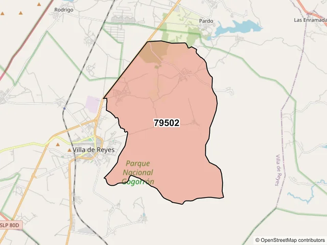 Mapa del código postal 79502, Villa de Reyes, San Luis Potosí