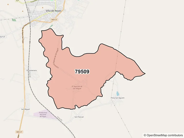 Mapa del código postal 79509, Villa de Reyes, San Luis Potosí