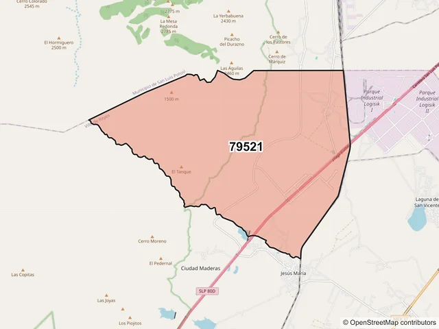 Mapa del código postal 79521, Villa de Reyes, San Luis Potosí