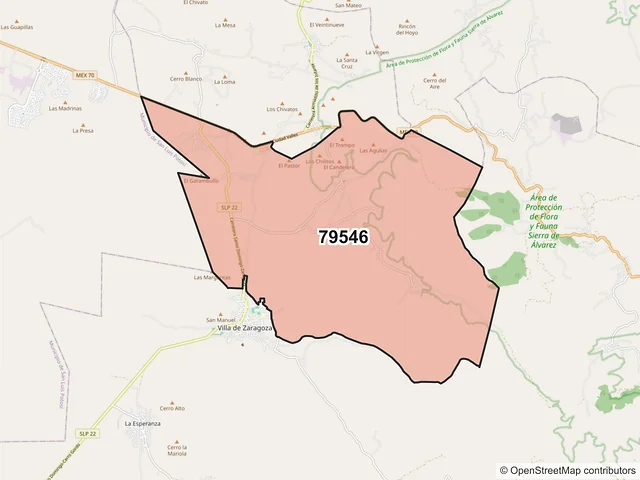 Mapa del código postal 79546, Zaragoza, San Luis Potosí