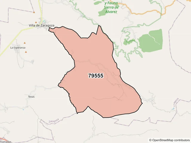 Mapa del código postal 79555, Zaragoza, San Luis Potosí