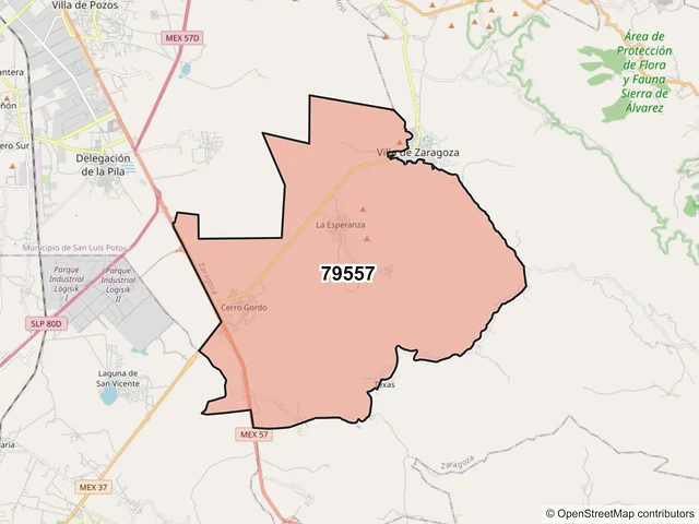 Mapa del código postal 79557, Zaragoza, San Luis Potosí