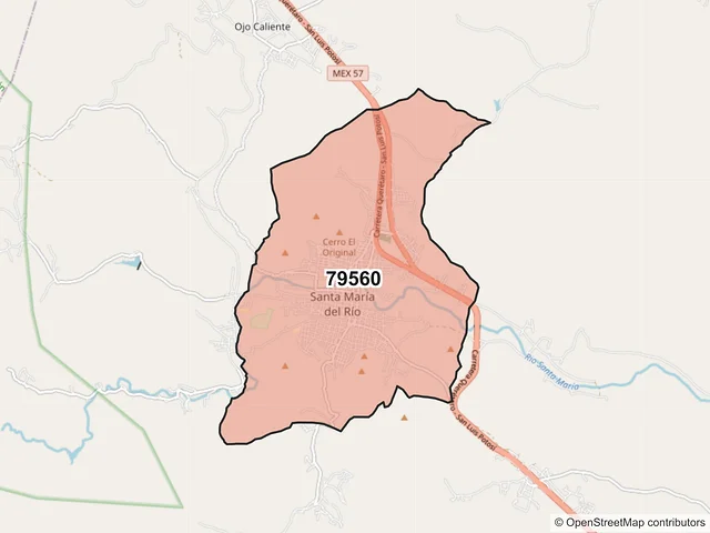 Mapa del código postal 79560, Santa María del Río, San Luis Potosí