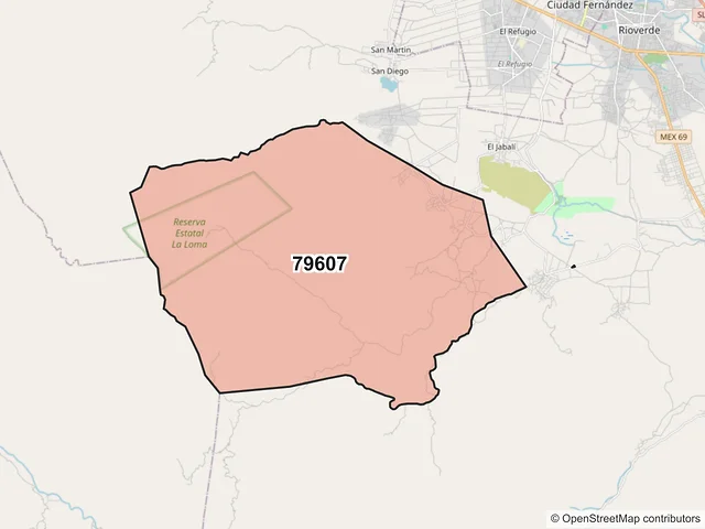 Mapa del código postal 79607, Rioverde, San Luis Potosí