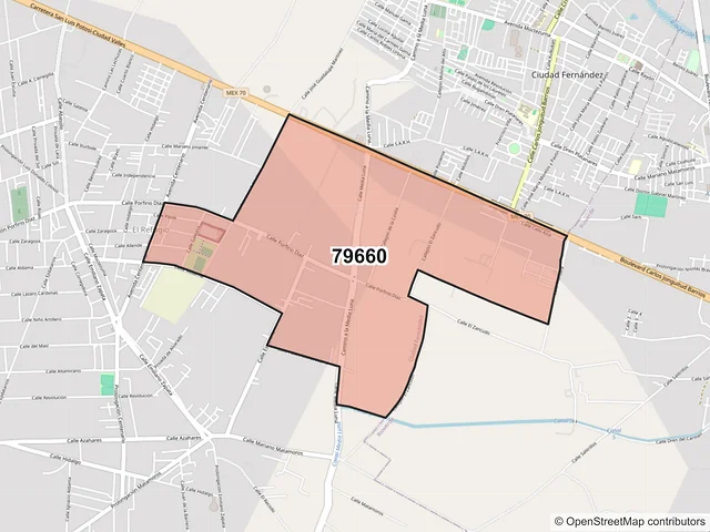 Mapa del código postal 79660, Ciudad Fernández, San Luis Potosí