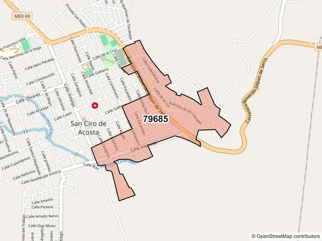 Mapa del código postal 79685, San Ciro de Acosta, San Luis Potosí
