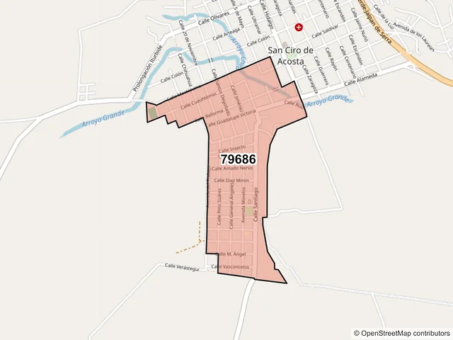 Mapa del código postal 79686, San Ciro de Acosta, San Luis Potosí