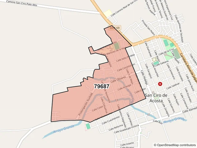 Mapa del código postal 79687, San Ciro de Acosta, San Luis Potosí