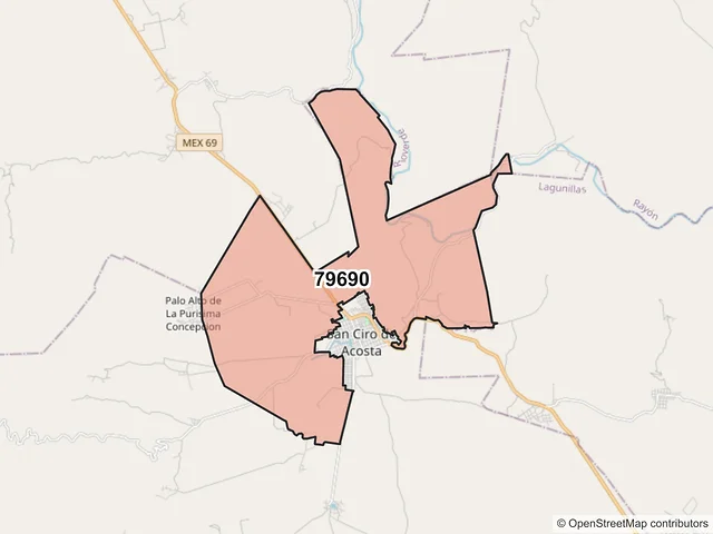 Mapa del código postal 79690, San Ciro de Acosta, San Luis Potosí