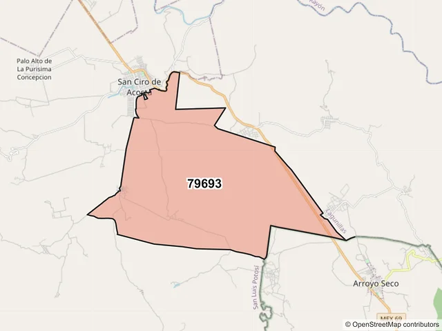 Mapa del código postal 79693, San Ciro de Acosta, San Luis Potosí