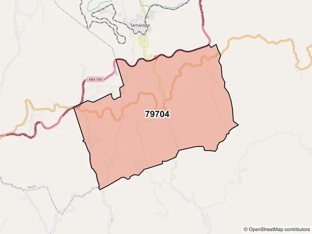Mapa del código postal 79704, Tamasopo, San Luis Potosí