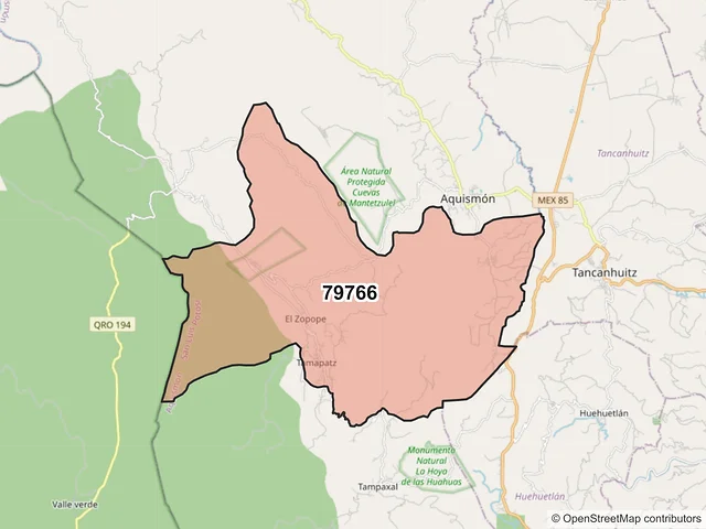 Mapa del código postal 79766, Aquismón, San Luis Potosí