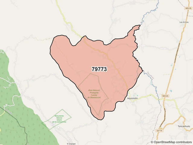 Mapa del código postal 79773, Aquismón, San Luis Potosí